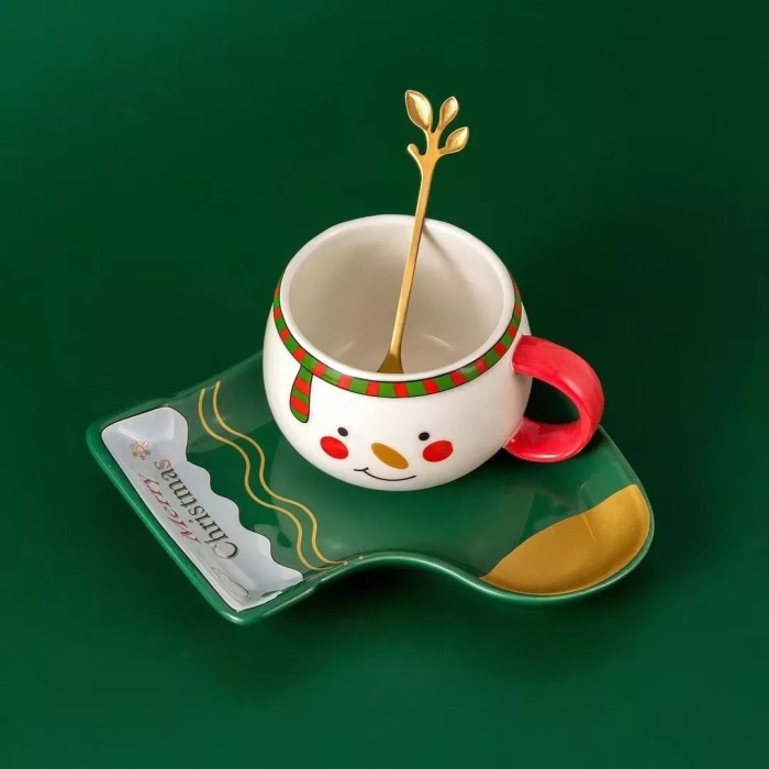 

[Best Seller] Christmas Gift Sculptoora Snowman Cup & Saucer - Hijau