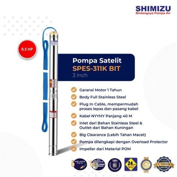 Pompa Celup Sumur SHIMIZU SPES-311K BIT Pompa Air Submersible 3 Inch 0.5 HP dengan Kabel 40 Meter Po