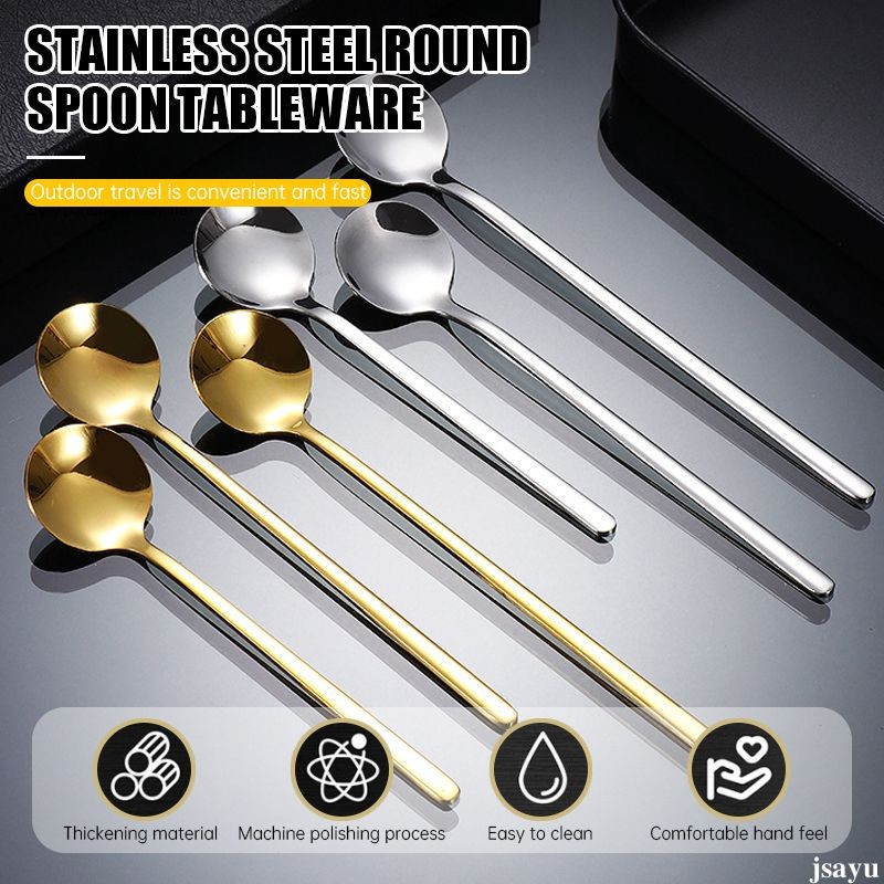 Sendok Stainless Steel Sendok Kopi Gagang Panjang Sendok Bulat Kecil Emas Sendok Nasi Rumah Tangga