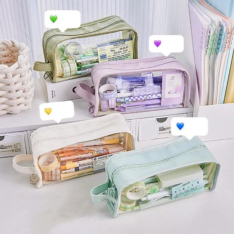 

Simplicity Pencil Case Solid Color Korean Fashion Pencil Bag Transparent Visable High Capacity Stationery Storage Bag Student