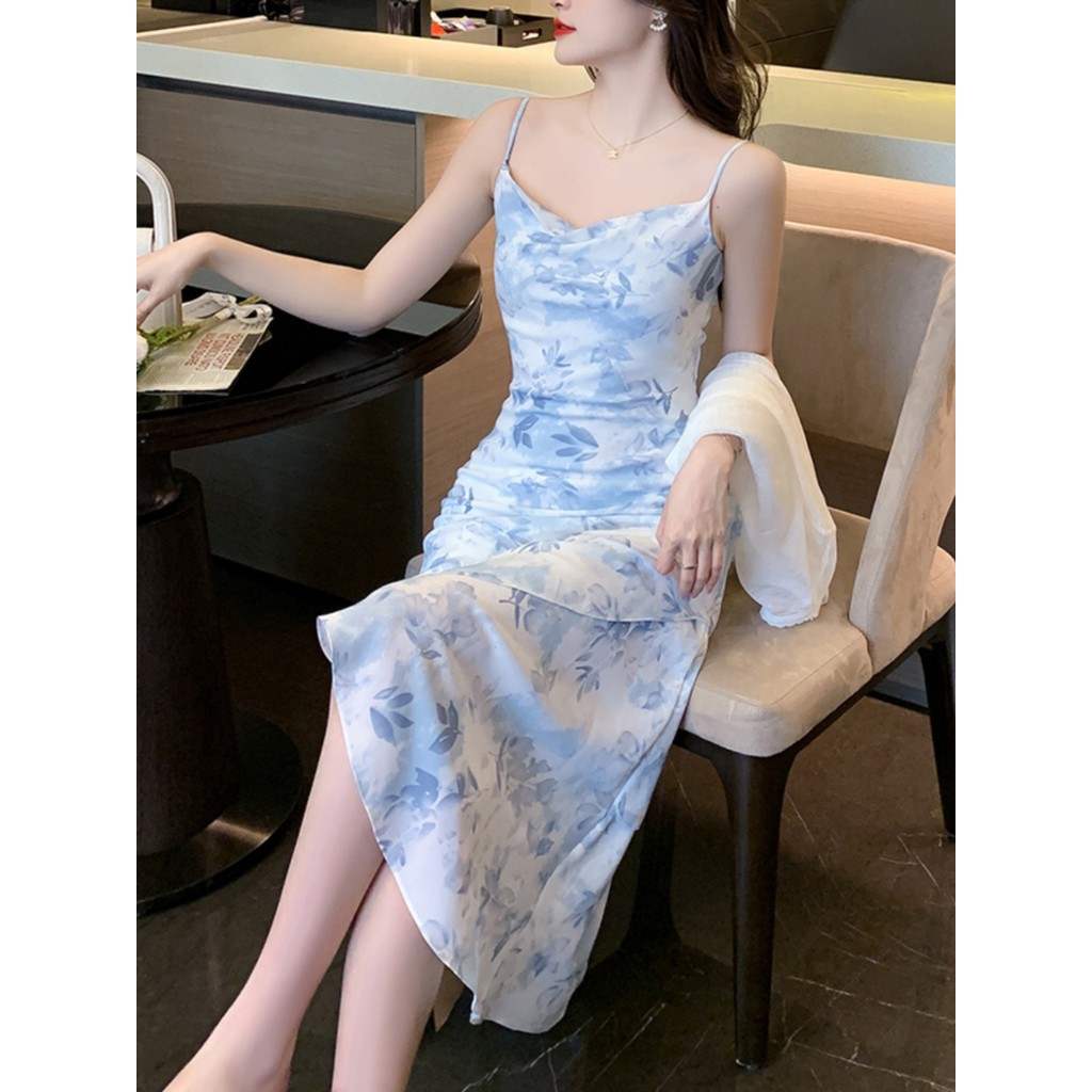 Meirong baju dress biru muda pantai wanita dress press body korean style terbaru 2025 import