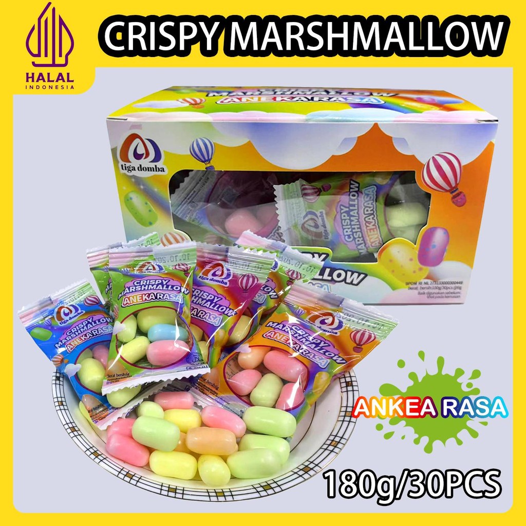 

Tiga domba 1 box 30 Pcs-Crispy Marshmallow-Aneka Rasa Buah Food rasa Buah Fruity Manis Mini Snack Makanan
