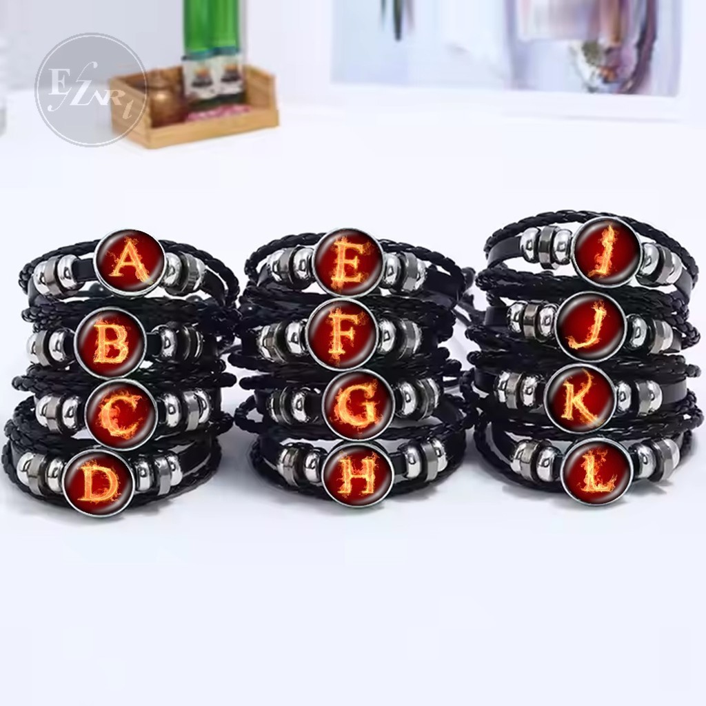 Gelang Abjad Inisial Alfabet Huruf Api Tali Kulit Kepang Multilayer Fashion Cowok Cewek EZArt