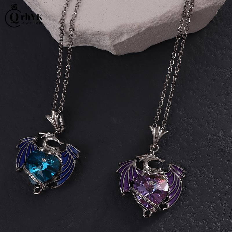 1PC Heart Shaped Dragon Pendant Necklace For Women Blue Purple Dragon Necklace Cute Dragon Party Fas
