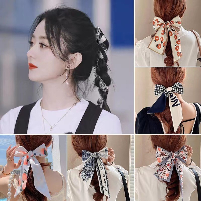 

French Elegant Long Ribbons Girls Bow Korean Printing Letter Hair Scarf Women Ponytail Bag Strap Accessories Hairband Headdress