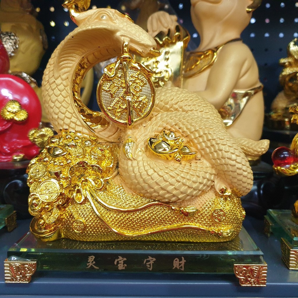 Patung Ular Kobra Rejeki Shio Emas Gold 18 Cm Kaca Resin Pajangan Meja