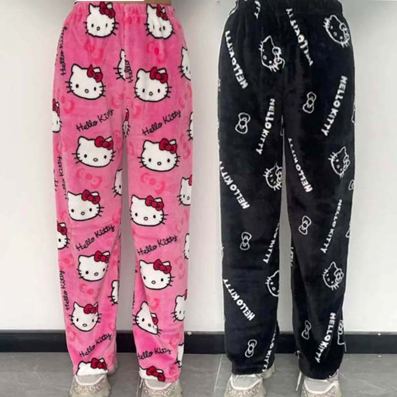 Hellokitty Pajama Pants Y2K Anime Cartoon Kawaii Fashion Casual Flannel Warm Woolen Fall Winter Adul