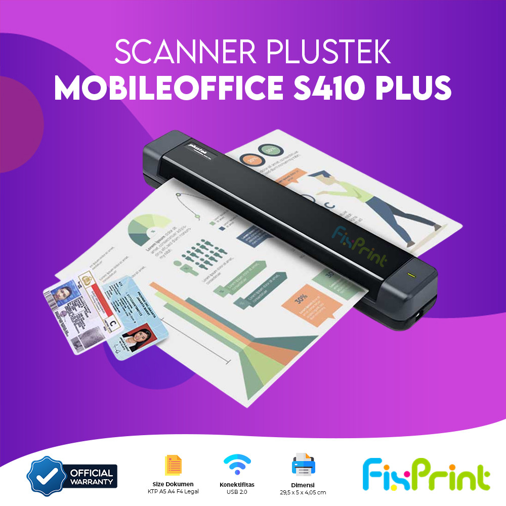 FixPrint  Plustek Scanner MobileOffice S410 Plus Mobile Scanner Portable S410 New Original Garansi