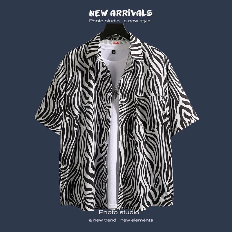DHOLISHOP.ID Kemeja Pantai Pria Motif Zebra / Kemeja Zebra Stripes Putih / Zebra Shirt Baju Pantai