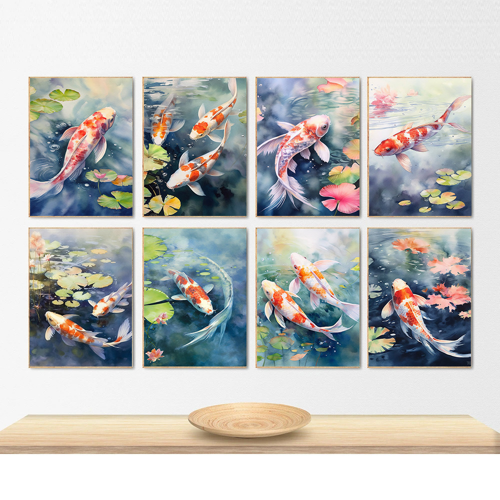 

8 Japanese Koi Fish Pond Lotus Leaves Watercolor Poster Print Wall Art Pictures Canvas Painting Living Room Home Decor Gift