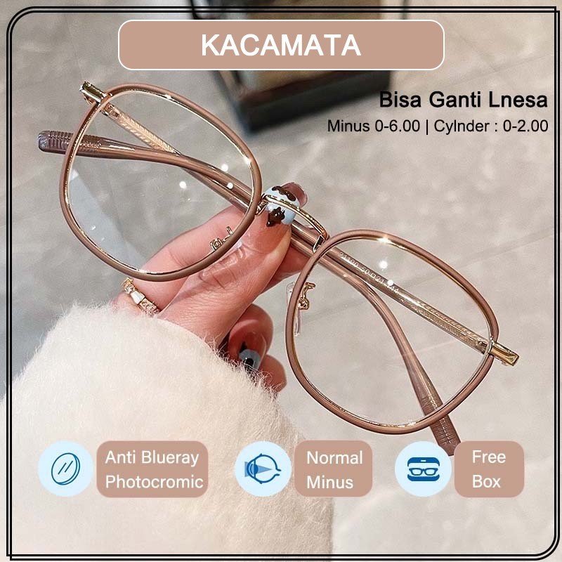 Kacamata Minus Anti Radiasi Blueray Photocromic Wanita Pria Cowok Korea Fashion Besi Bulat Frame 2 i