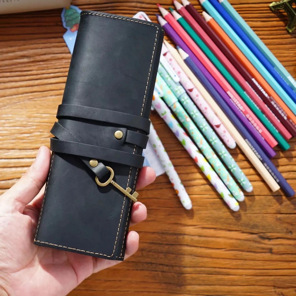 

Genuine Leather Pencil Roll Case, Soft Leather Stationery Storage Pouch Cosmetic Bag Roll Pen Bag For Travel & Student Gifts
