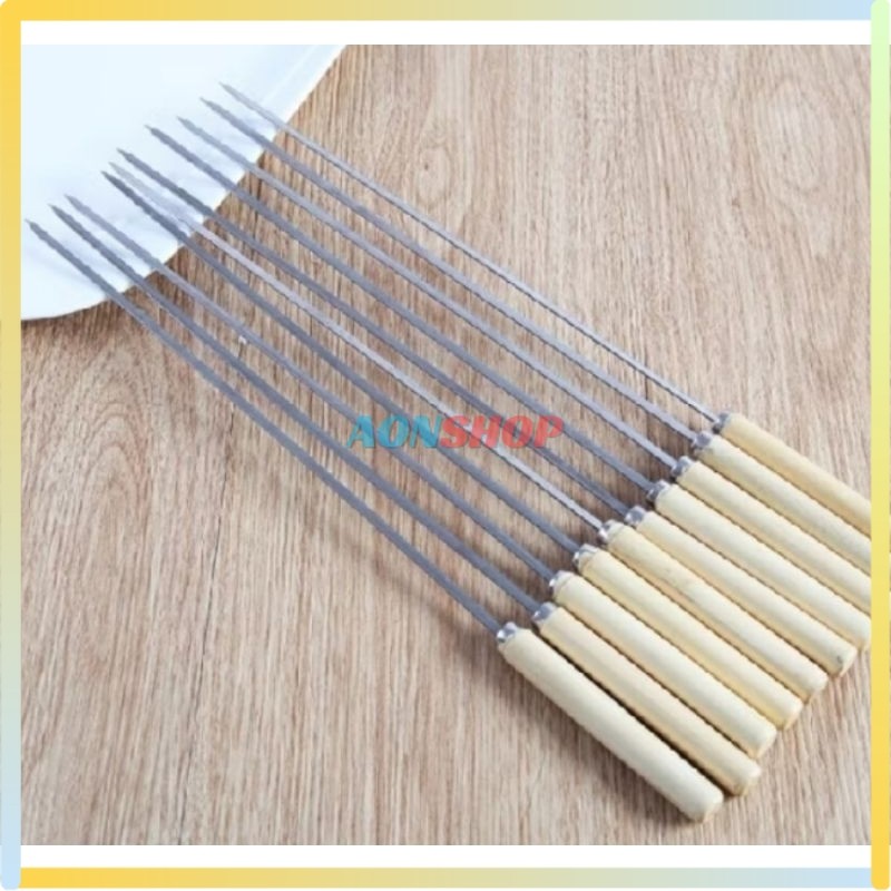 [AS] Tusuk Sate BBQ Stainless Steel Gagang Kayu Skewer Besi Barbeque