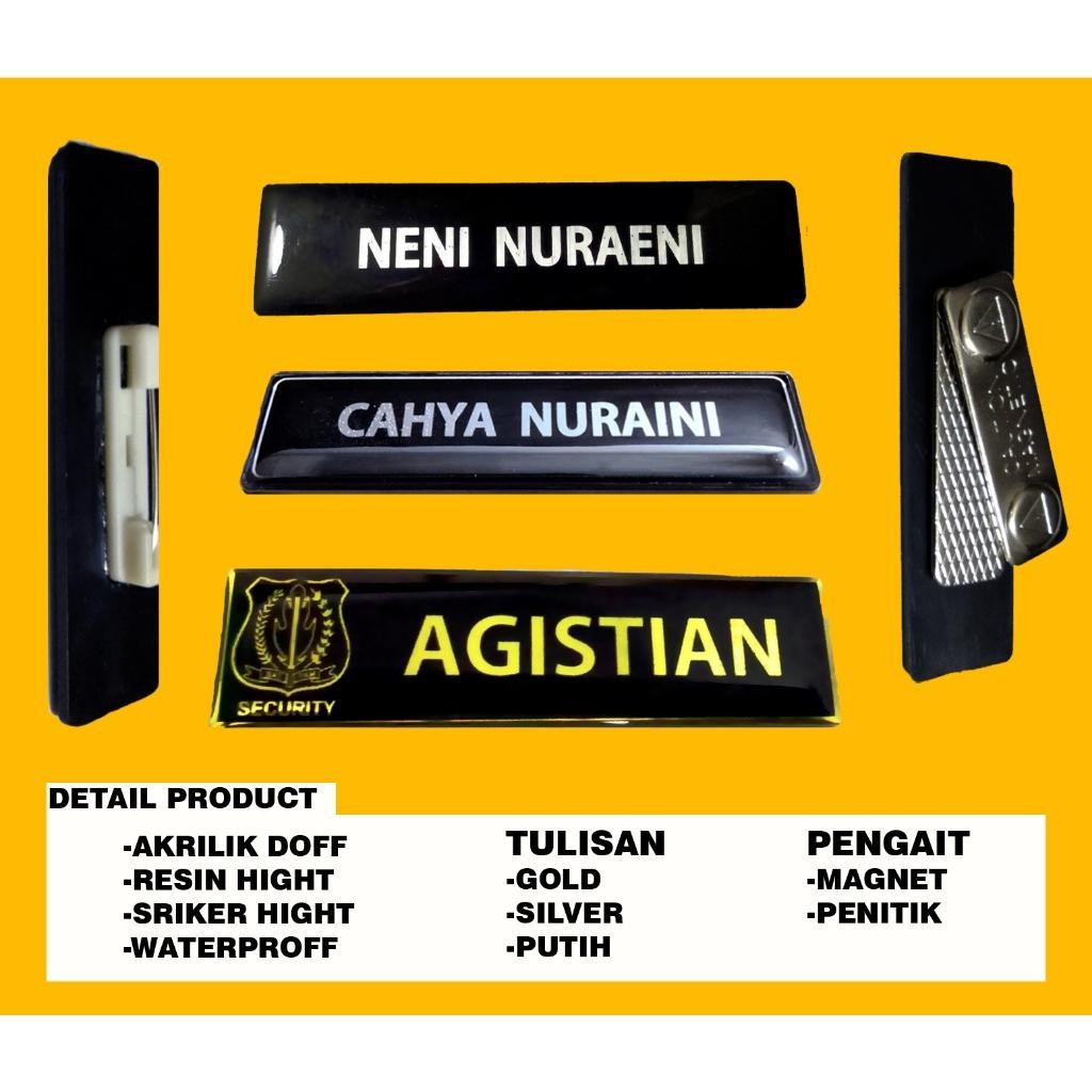 

Name Tag Nama Dada Magnet Peniti Kuningan & Akrilik Resin - Satpam ,Guru, Dokter Perawat Bidan Apoteker Karyawan