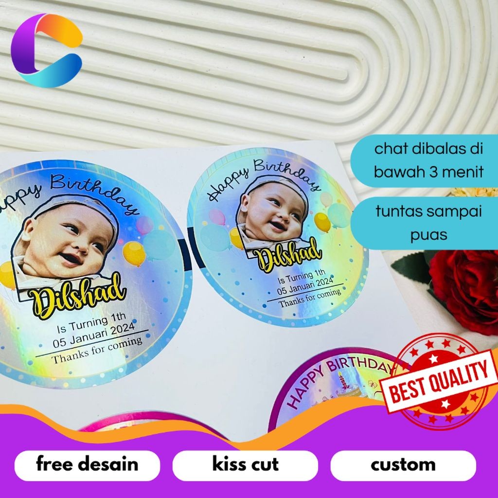 

Cetak INC 2-4 Sticker Undangan Ulang Tahun Anak Label Stiker Happy Birthday Bahan Hologram Anti Air
