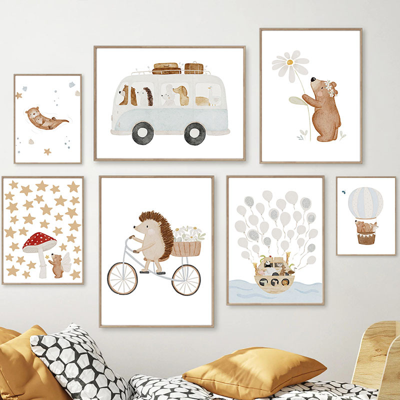 

Cute Boho Animal Bear Hedgehog Bus Balloon Star Nursery Wall Art Canvas Painting Poster And Prints Pictures Baby Kids Room Decor