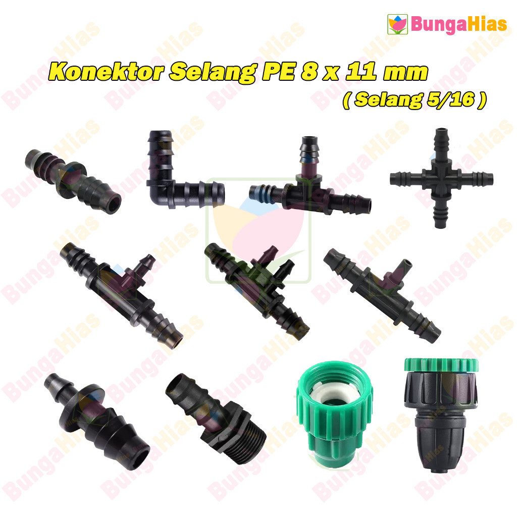 Konektor Selang PE 8 x 11 mm ( 5/16 ) Nepel Sambungan Uniring Joiner 1/2 TEE Elbow 6 mm Misting Nozz