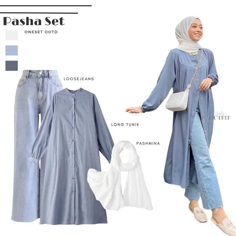 Pasha One Set Outfit Wanita | Atasan Long Tunik Panjang | Bawahan Celana Kulot Loose jeans | Hijab P
