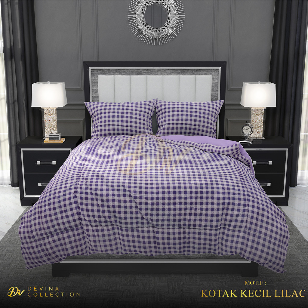 Devina Collection Bedcover Sprei Set Aesthetic Korea Karet Anti Geser Kotak Lilac Kecil King 180x200