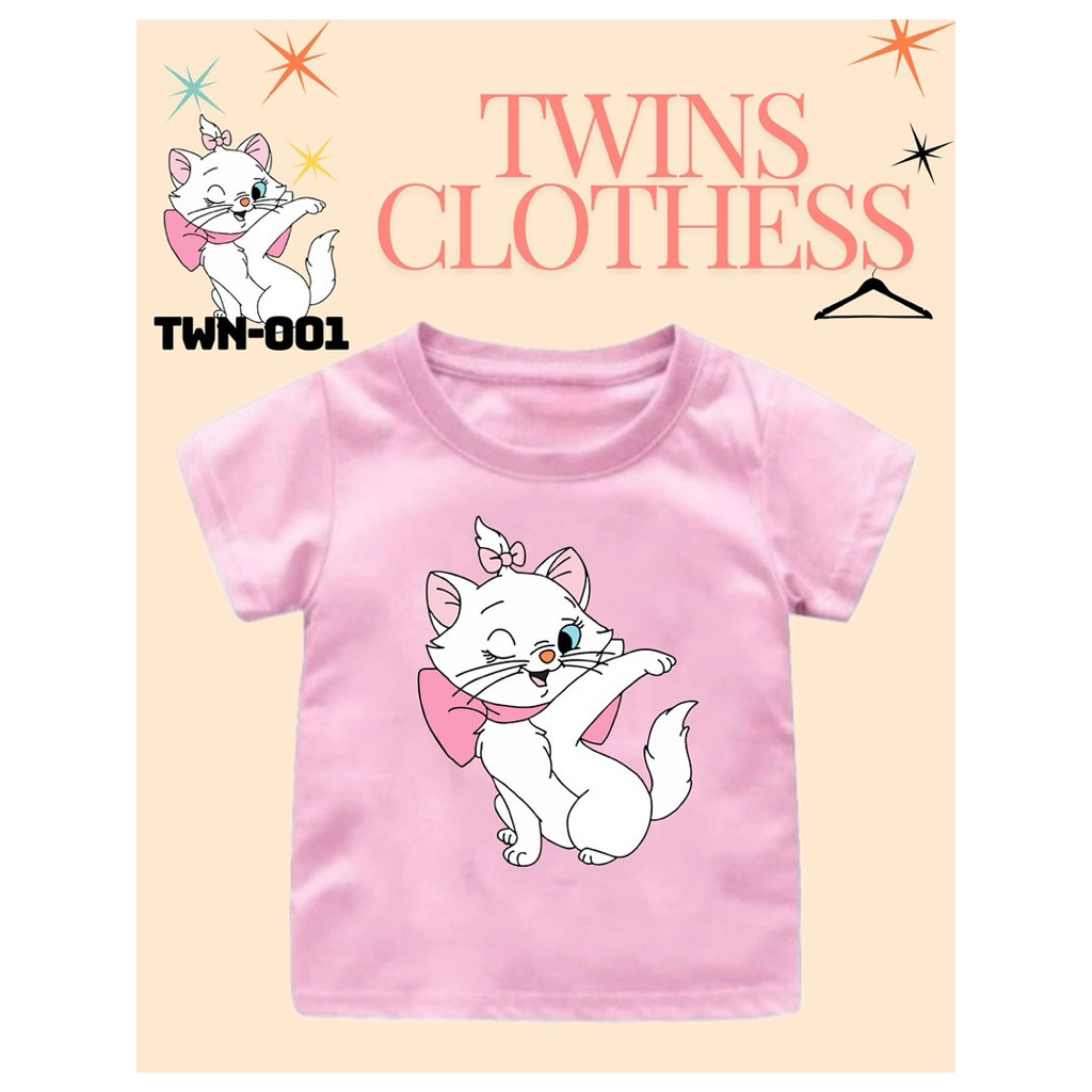 Baju Anak Perempuan Kaos Tangan Pendek Usia 1-10 Tahun Gambar Kucing Marie TWN001 Atasan Lucu Bahan 