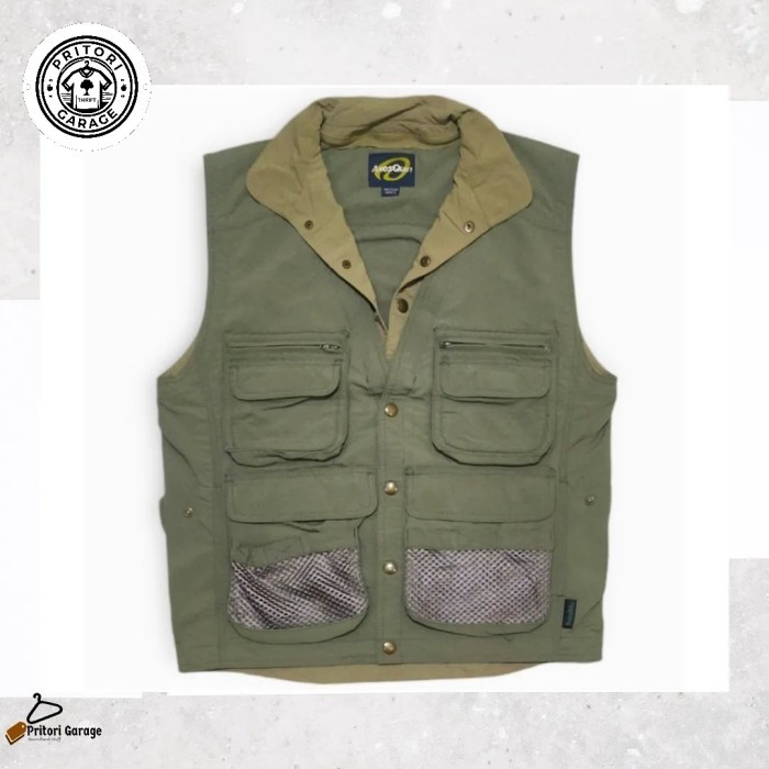 Utility Outdoor Canvas Cargo Pocket Vest Rompi Jacket Axes Quin Earth Green Cream Color Vintage M