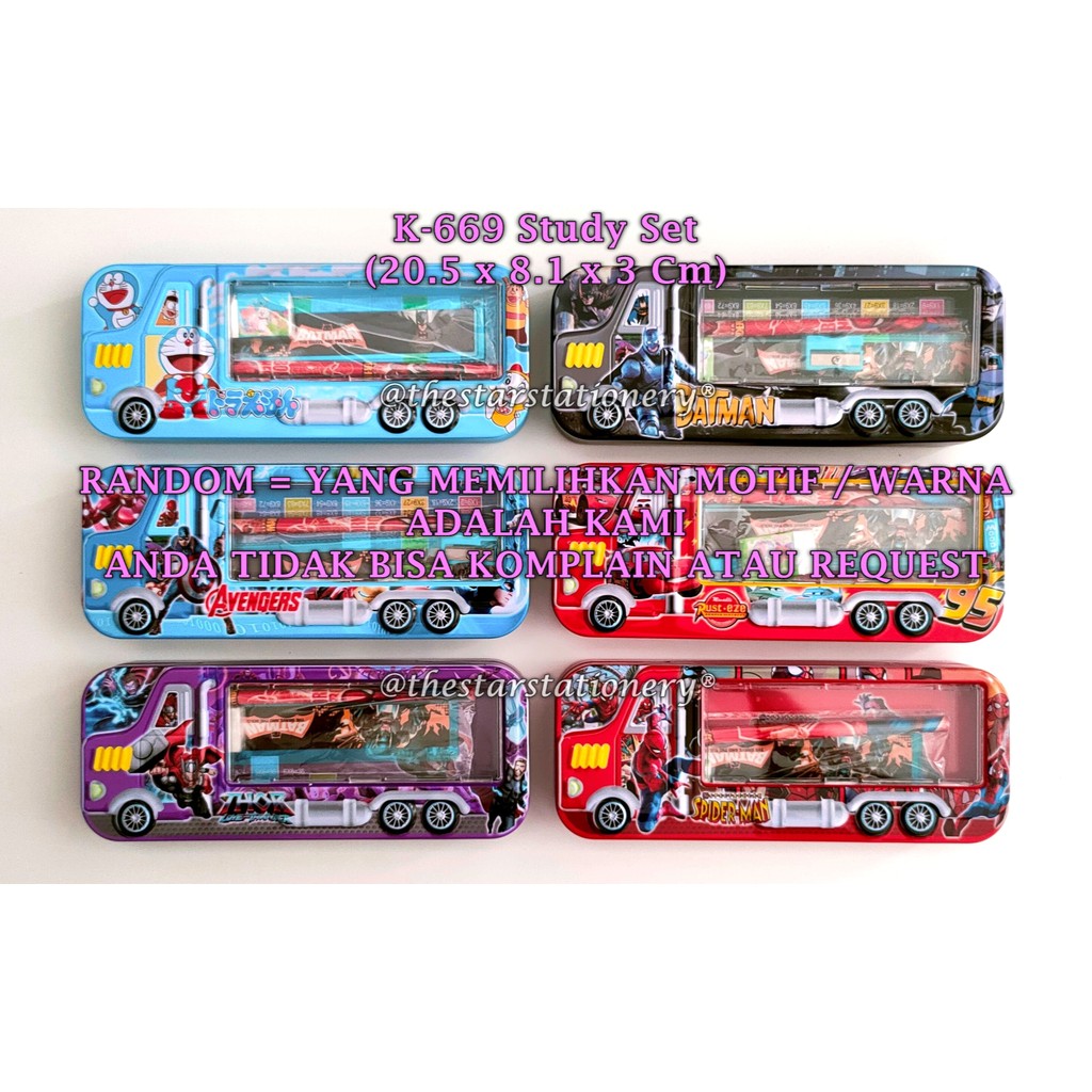 

(1 Biji) GROSIR Kotak Pensil Kaleng Bus Study Set 2 Susun K-679 K-669 / Tempat Pensil 20.5*8.1*3 Cm