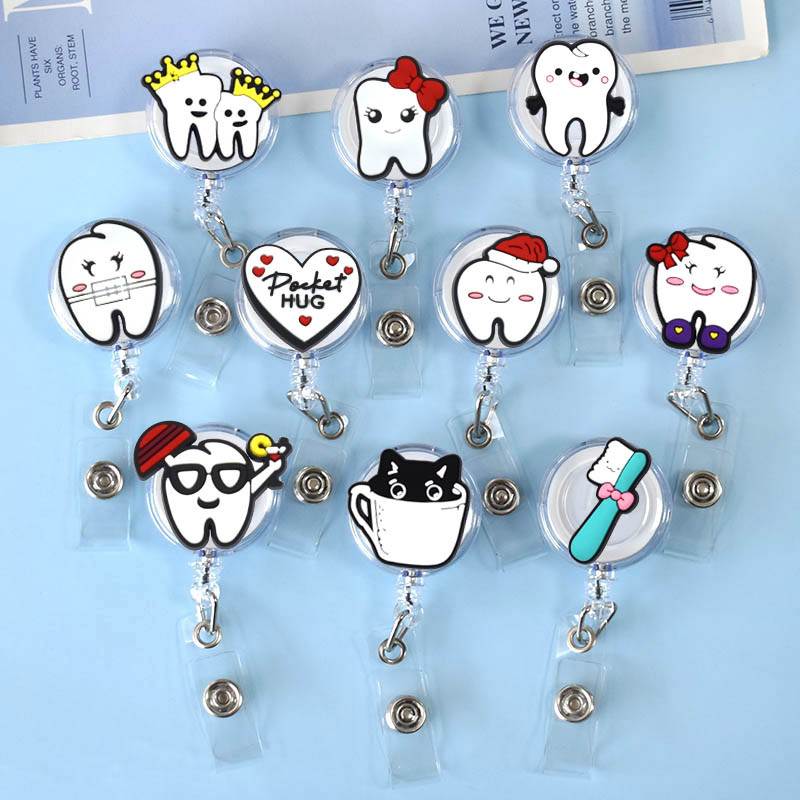 

Cute Teeth Dentist Christmas Style Badge Reel Nurse Worker Enfermera ID Holder Girl Boy Retractable Name Card Holder Accessory