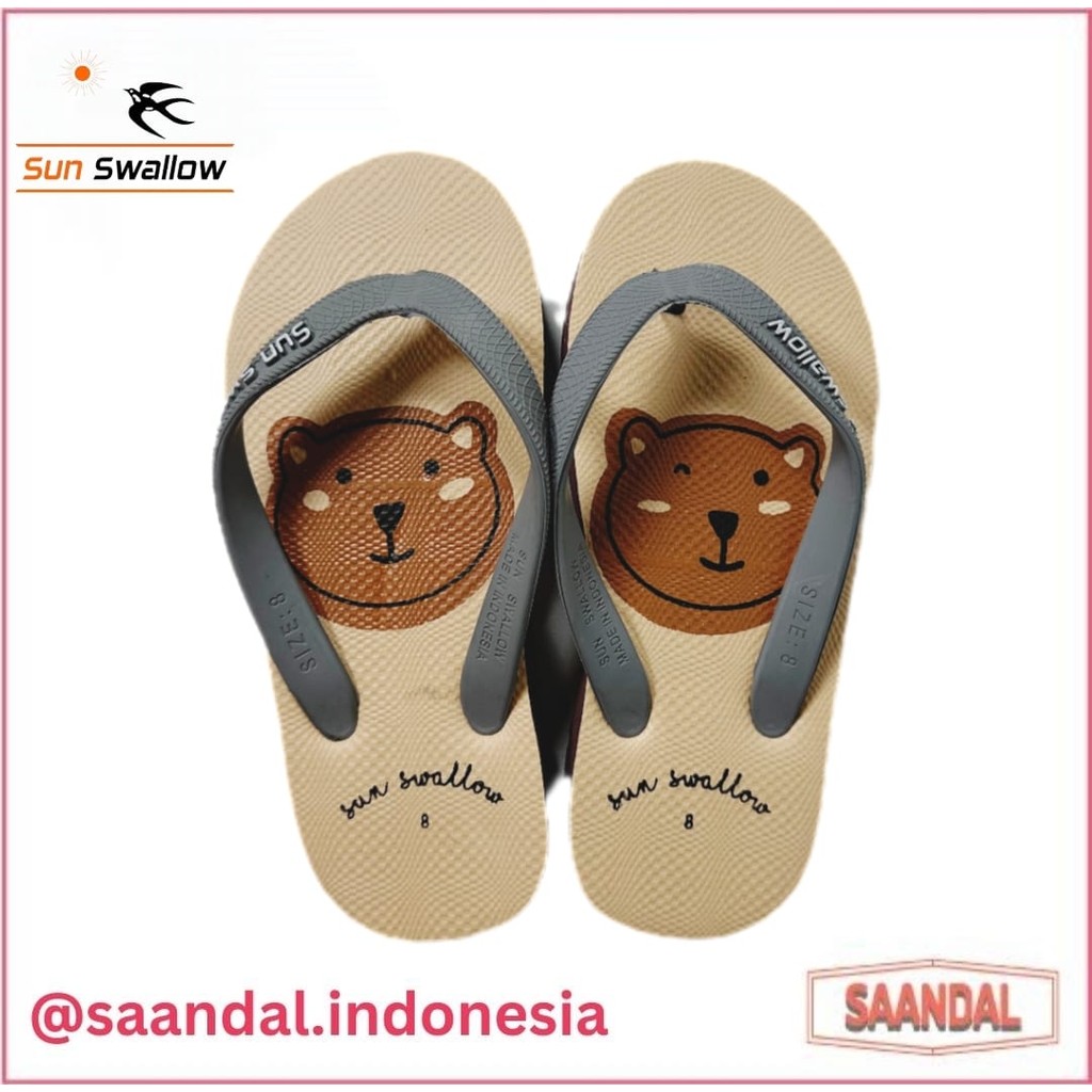 Sandal Jepit Karet Anak Laki-Laki Perempuan Sun Swallow Animal Kids Biru Kuning Pink Hijau Ukuran 7.
