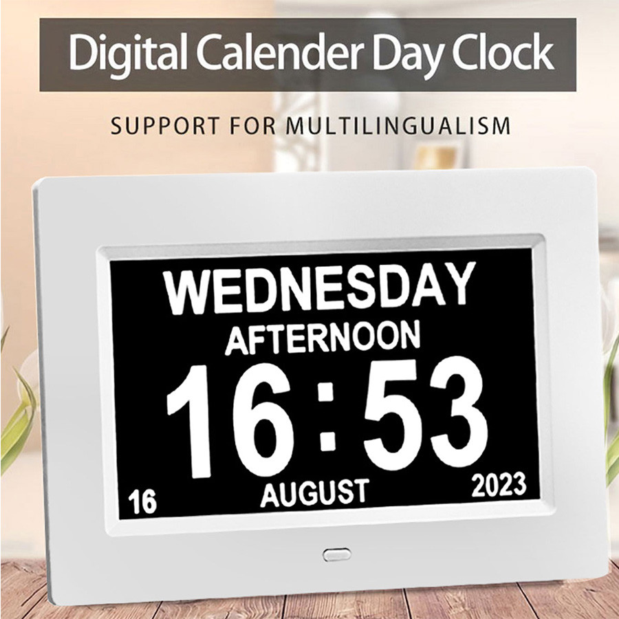 

7 inch Digital Calendar Alarm Clock with 4 Alarm Options&10 Languages,Photo Frame Media Player,large Dementia Alzheimers Clock