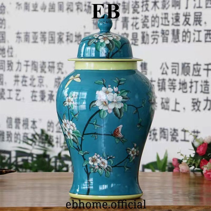 Guci Besar Keramik Flora Pajangan Meja 45cm Warna Tosca Import Quality