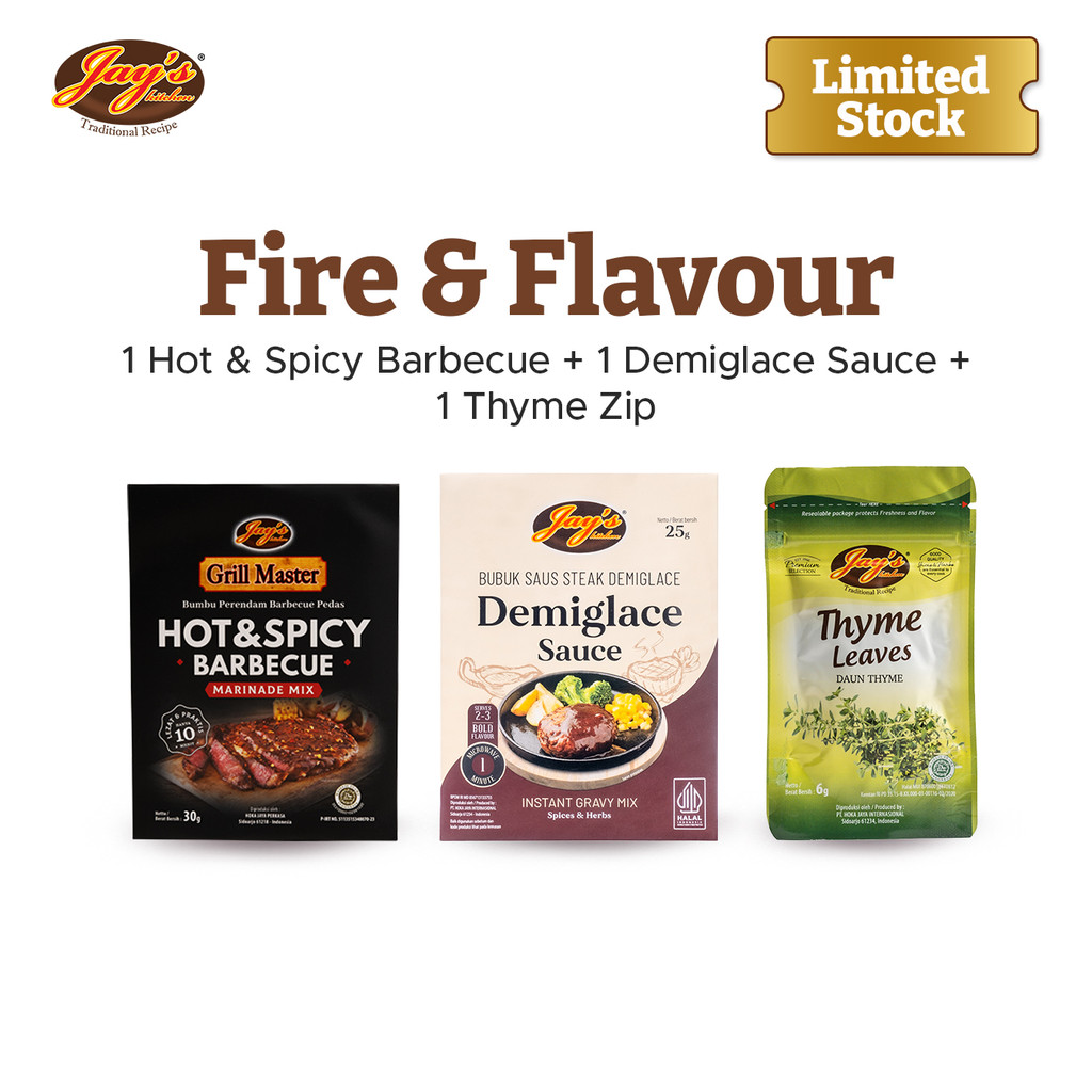 

Jay's ⁠Bundle Meat Fire & Flavour | Bumbu Daging | Hot n Spicy Barbecue + Demiglace Sauce + Thyme Leaves