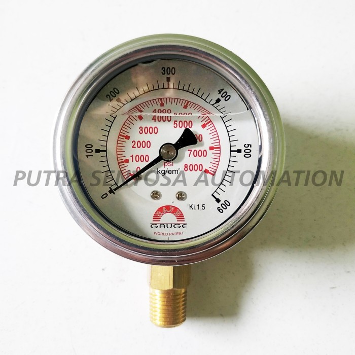 PRESSURE GAUGE 2.5" 600BAR 600KG/CM² 8000PSI BOTTOM 1/4" BY SAFE GAUGE