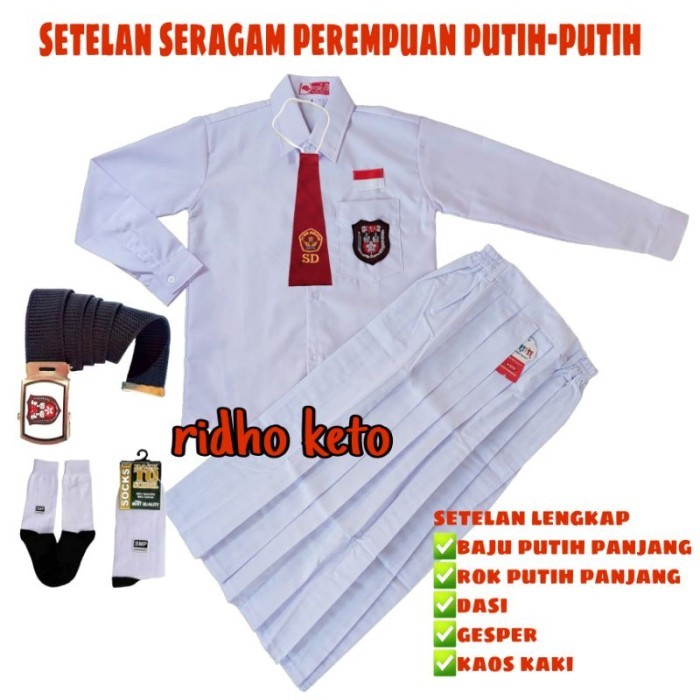 Setelan Seragam Sekolah SD MI Putih-Putih Perempuan Lengan Panjang