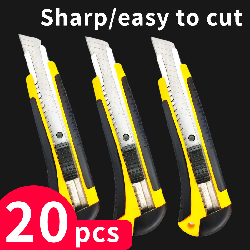 

18MM Utility Knife Box Cutter 6 In 1 Mutipurpose Stainless Steel Retractable Heavy Duty Waterproof Snap off Cutter Knife 20Pcs