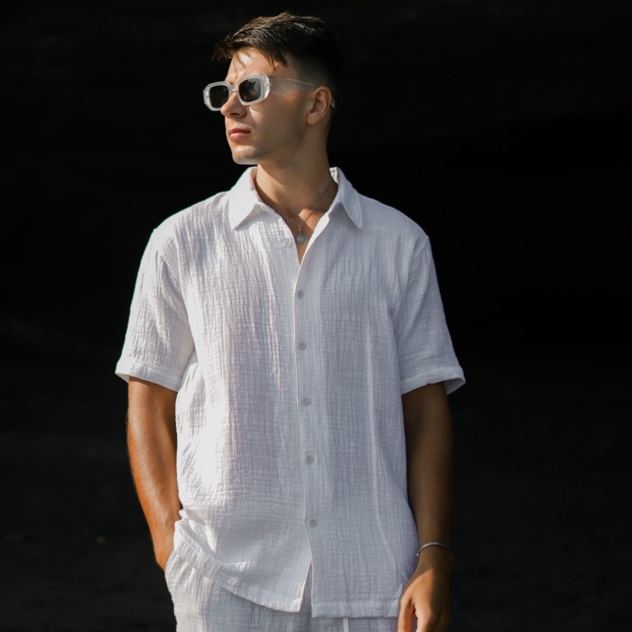 Kemeja Putih Pria Katun Doule Gauze COD Kemeja Pantai Lengan Pendek - M