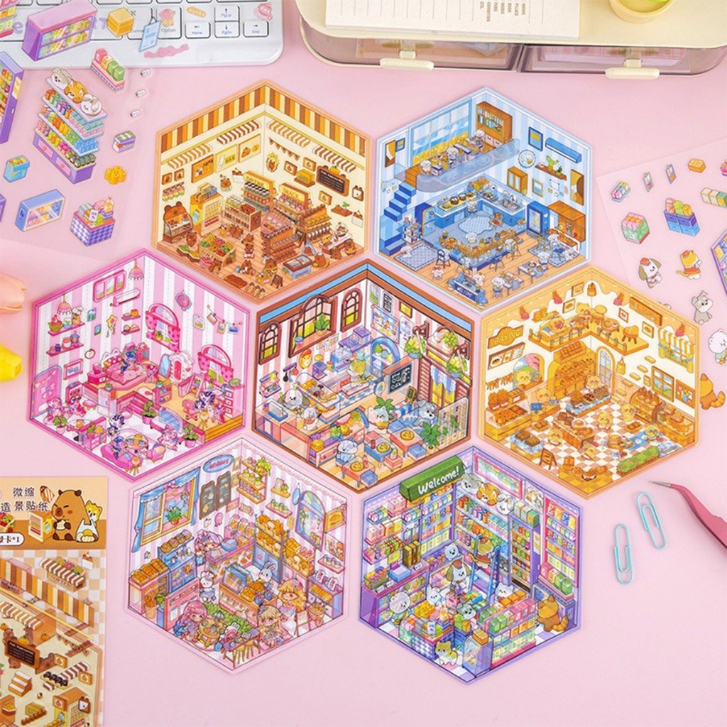 

Stiker lanskap 3D kreatif, stiker miniatur, stiker bahan dekoratif DIY tiga dimensi, stiker buku H662