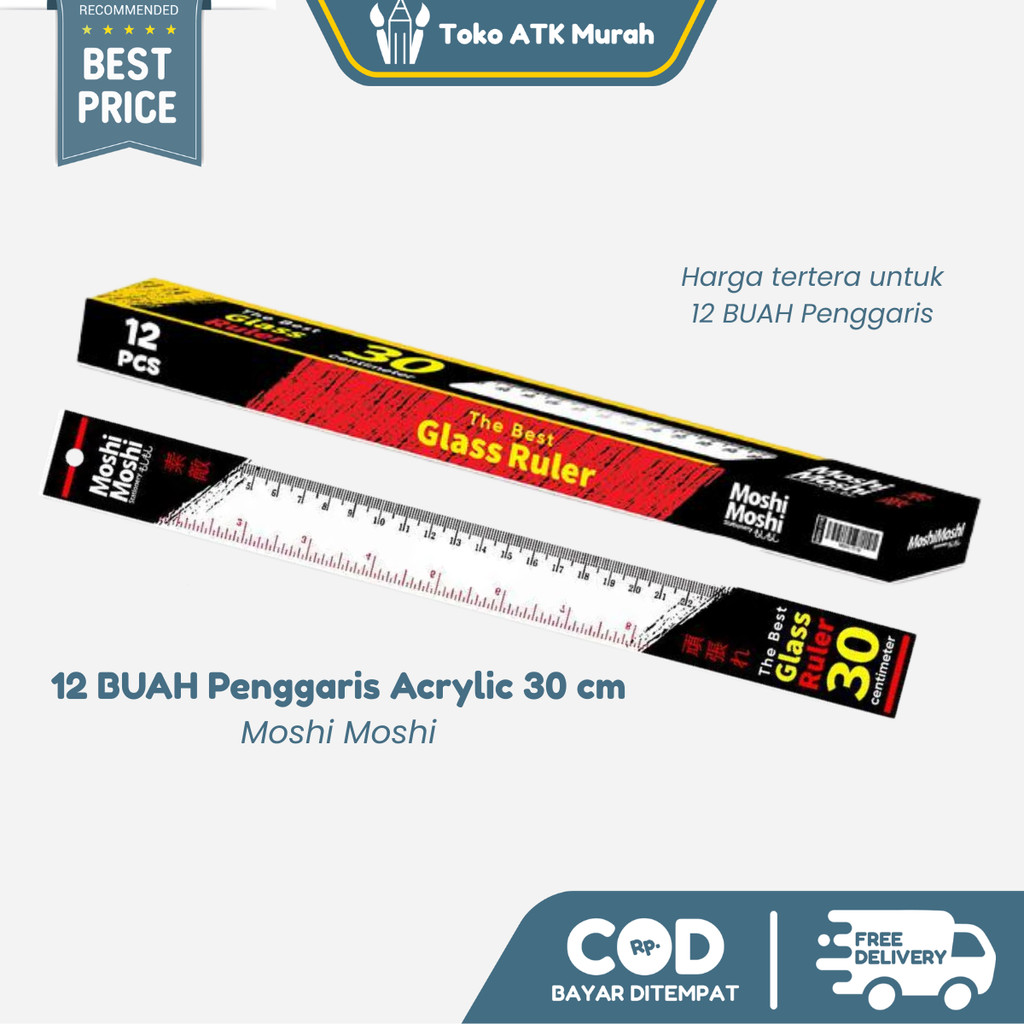 

1 PAK Penggaris Plastik Moshi Ruler 30 cm Mika Transparant isi 12 Buah