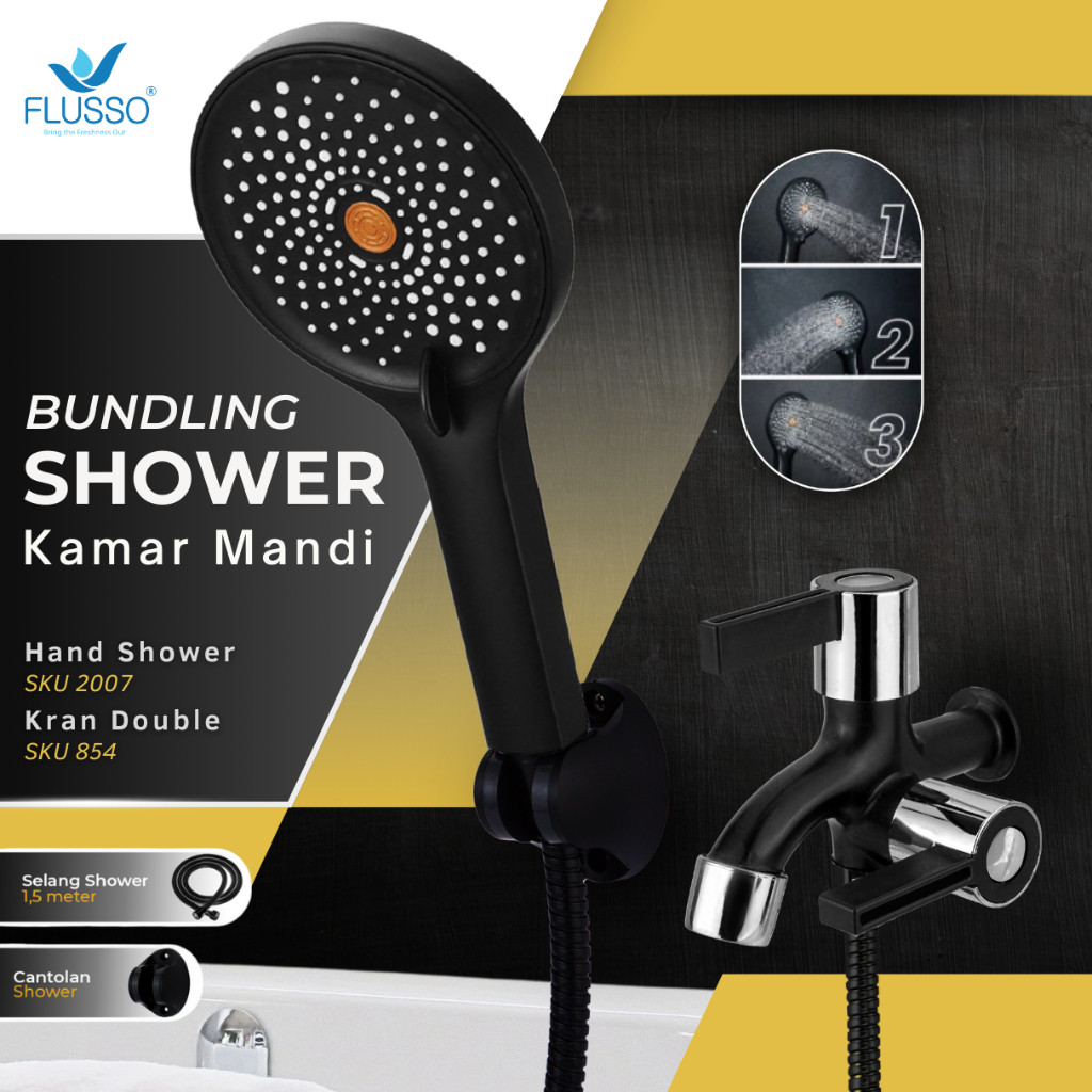 SHOWER Set Kamar Mandi Terbaru + Kran Double Shower Hitam Silver FLUSSO | Shower Mandi Satu Set 854