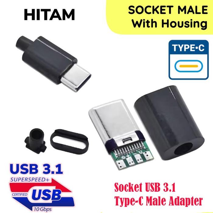 Socket Konektor Soket USB 3.1 Type Tipe C Jack Male Cowok Jantan Adapter Connector Tutup Shell Cover