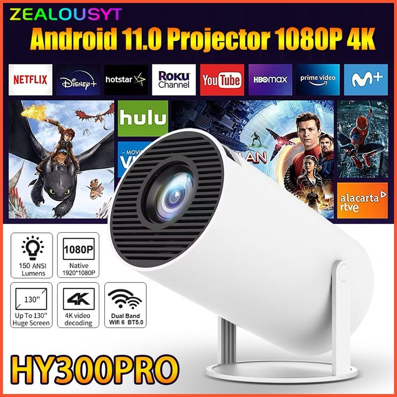 HY300 Pro Proyektor Mini Portable Hp 4K Android11.0 Wifi 6 Bluetooth 5.0 Smart Projector 1080P HD TE