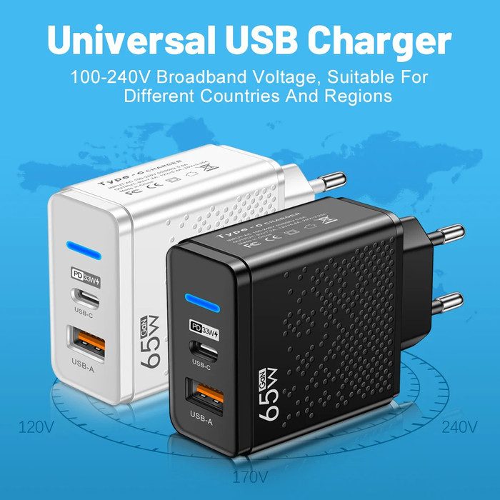 Adaptor Kepala Charger  Dual Port USB UNIVERSAL Fast Charging 65 W Type C DAN Type A - Putih