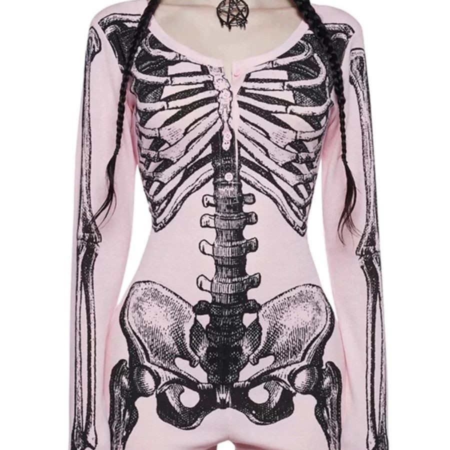 Kerangka Tubuh Tengkorak Ukuran Besar Dicetak onesie Gothic Yabi Top Lengan Panjang JumpsuitDress