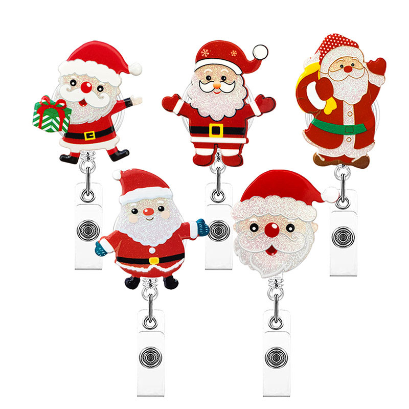 

New Glitter Acrylic Christmas Santa Claus Badge Reel Retractable ID Badge Holder With 360 Rotating Alligator Clip Name Holder