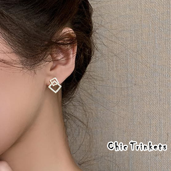 [Chic Trinkets]Anting-anting Sederhana Anting-anting Perak Pin Perak Bertatahkan Geometris Anting-an