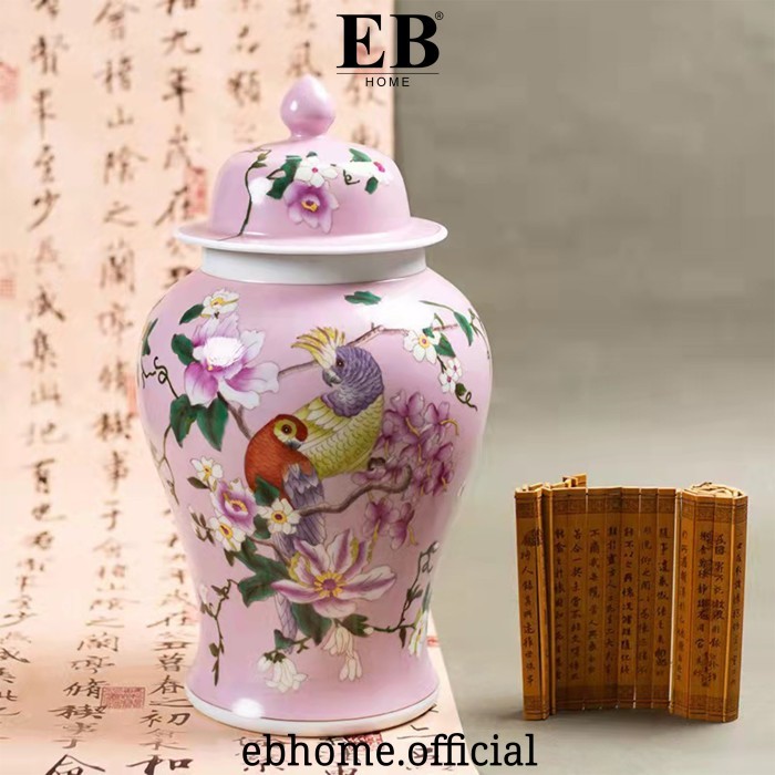 Guci Girly Pink Pastel Burung Kakak Tua Vas Bunga Antik Bahan Keramik