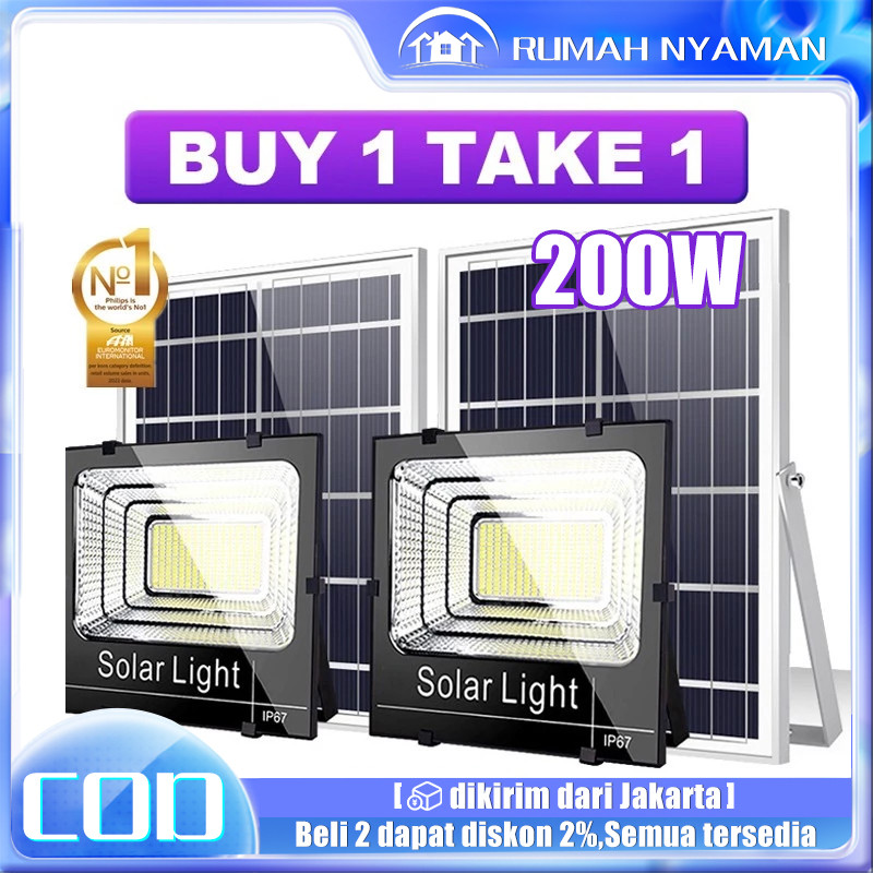 【Beli 1 gratis 1】200W Lampu tenaga surya outdoor otomatis Lampu solar panel Tahan air IP67 LED Lampu