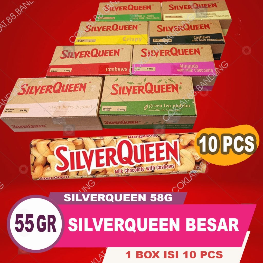 

SILVERQUEEN 55gr 1 BOX ISI 10 PCS, COKLAT SILVER QUEEN 55 GRAM 1 DUS 10 X 58 GR MEDE ALMOND