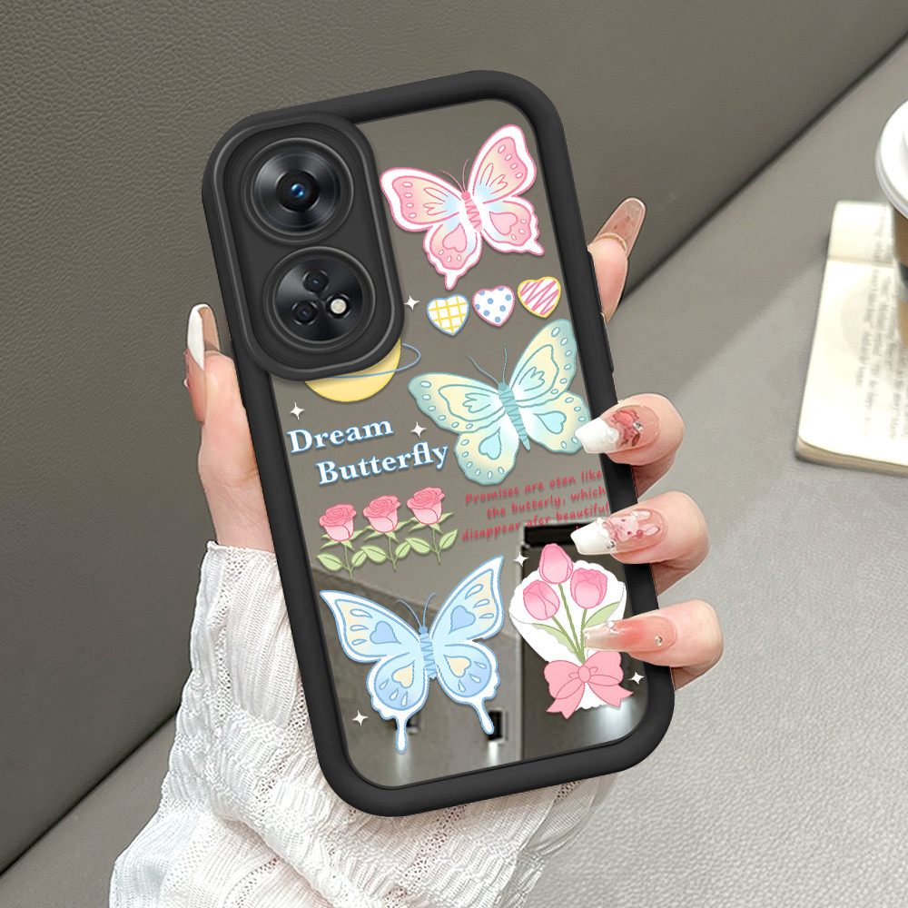 OPPO Reno 8T  Mirror Phone Casing Butterfly Flower Pattern Soft Silicone Cermin Case Hp Softcase Kes