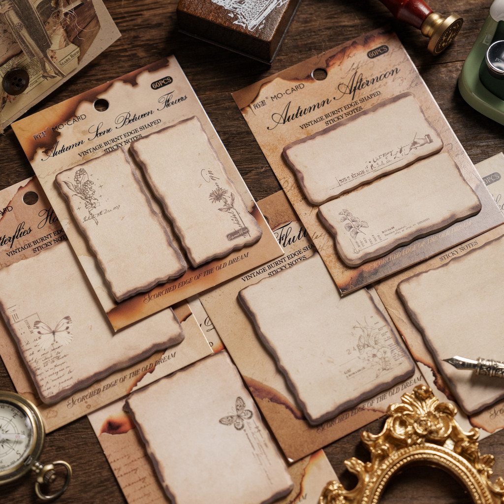 

60 Sheets Vintage Burnt Sticky Note Pads Retro Plant Butterfly Self-Adhesive Memo Notepad School Office Supplies Planner