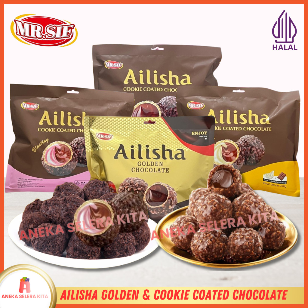 

Ailisha Golden Chocolate & Ailisha Cookie Coated Chocolate / Coklat Cookies Ball Aneka Rasa